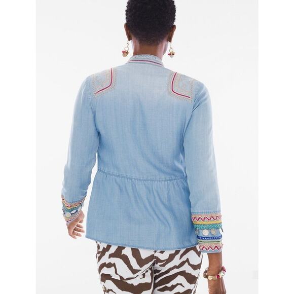 CHICO'S Chambray Jacket Sz 0 (US Small/4) Embroidered Beaded Coin Open Front EUC - Picture 5 of 12